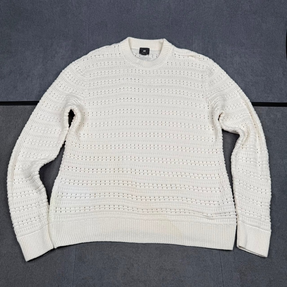 HM Mens Regular Fit Pointelle Knit y2k Sweater Cream White Crew Neck Size M vtg